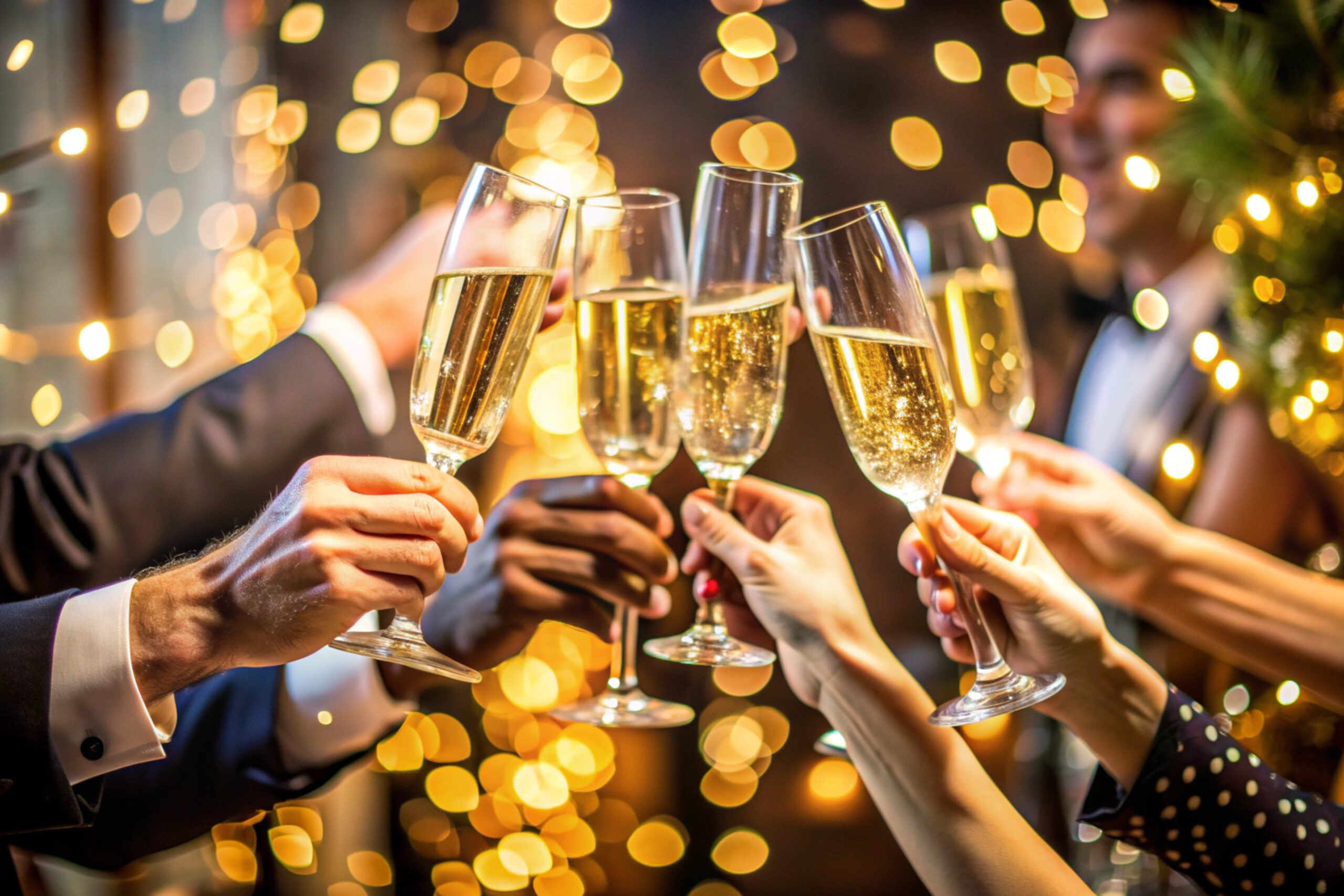 Clinking glasses with white wine and toasting.